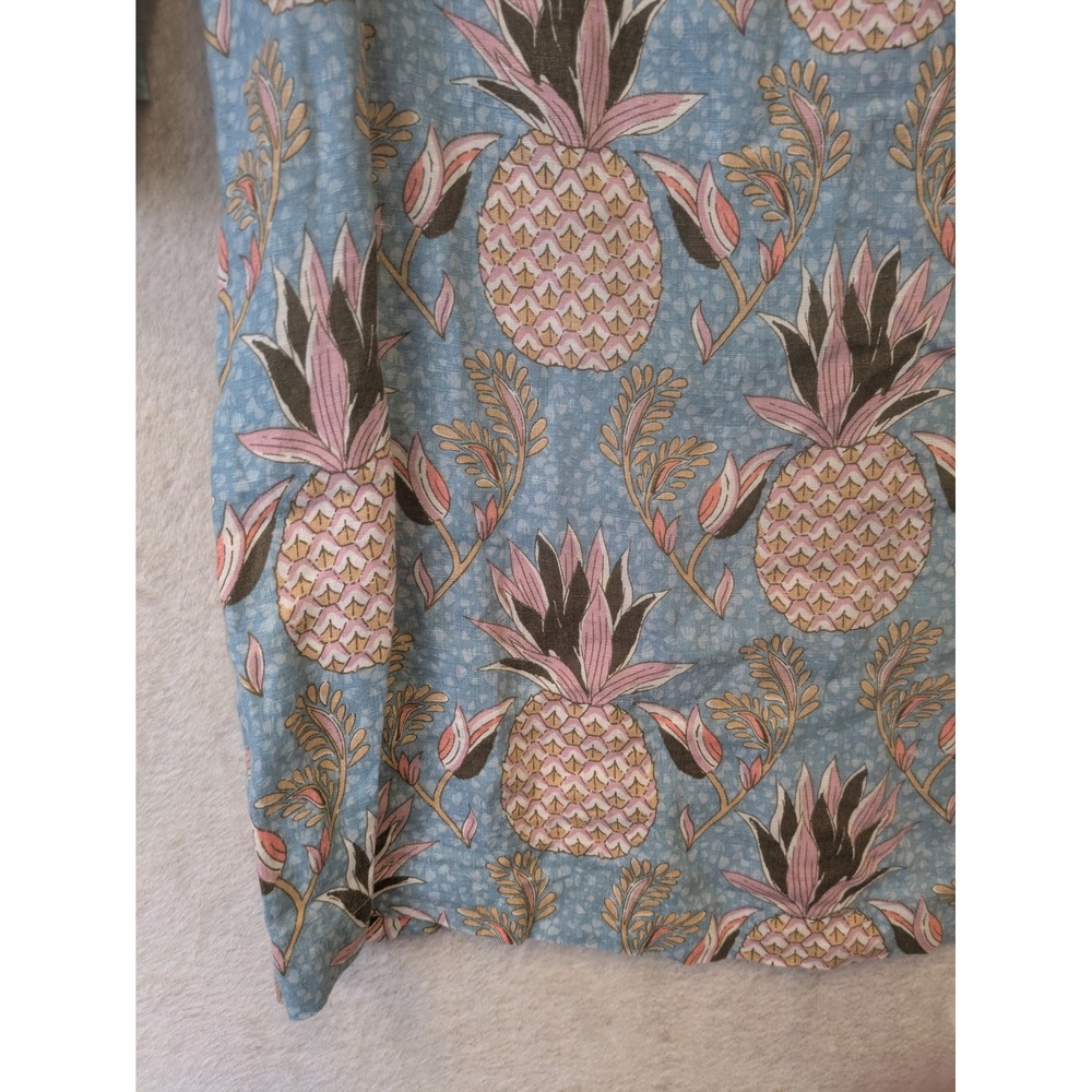 Boden Linen Pineapple Tunic Dress Women's 4R Blue Pink Pom Pom Trim - Picture 2 of 11